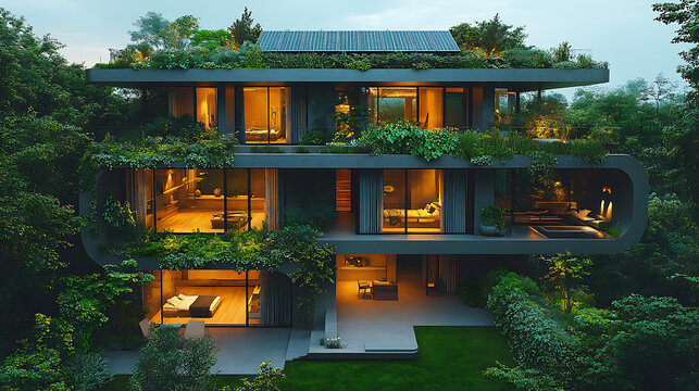 Luxurious Modern Green House with Rooftop Garden and Solar Panels - Eco-Friendly Architecture - Powered by Adobe