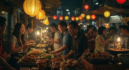 Night market scene with people shopping and lanterns