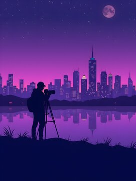 Photographer capturing city skyline with tripod camera in flat modern design purple night art