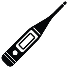 Black Silhouette of Digital Medical Thermometer Icon with Display and Button on White Background
