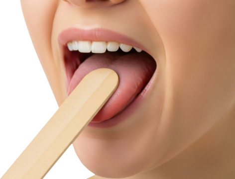Close-up of a person’s open mouth with a wooden tongue depressor pressing down on the tongue, commonly used in medical exams to inspect the throat and mouth. Transparent Background