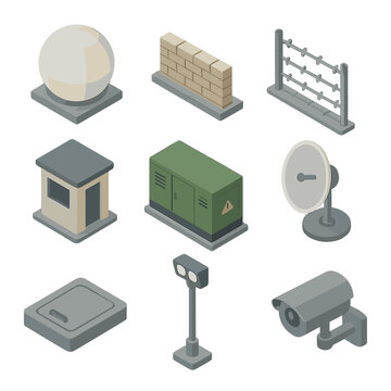 Radar Station Icon Set. Isometric Flat icon set of radar station defenses: radome dome, blast wall, barbed wire fence, guard shack