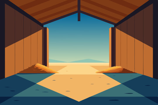 Geometric barn interior, desert landscape view, vector illustration, modern rustic design