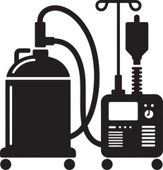 Black and white silhouette of medical equipment depicting a suction machine or IV Pump with fluid bag