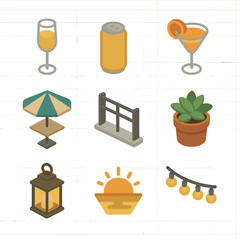 Rooftop Sunset Icons. Isometric Flat icon set of Rooftop sunset drinks: wine flute, beer can, cocktail glass, parasol table,
