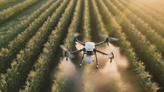 Agricultural drone sprays pesticides over a lush corn field at sunset, showcasing precision farming, smart agriculture innovation, and sustainable farming methods for food security