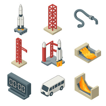 Rocket Launch Operations Icons. Isometric Flat icon set of Launch vehicle and pad operations: rocket launcher, gantry tower,