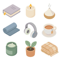Self-Care Tools Icons. Isometric Flat icon set of Self-Care and Coping Tools: journal, candle, aromatherapy diffuser, yoga mat,