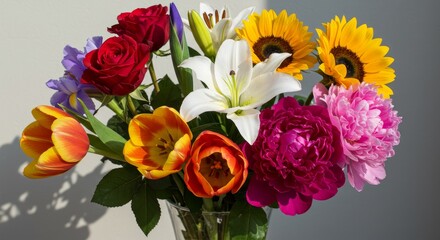 Vibrant Spring Bouquet in Vase - A stunning arrangement of tulips, roses, lilies, sunflowers, and peonies. Symbolizing love, joy, beauty, new beginnings, and prosperity