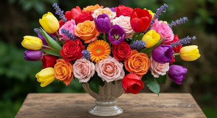 Vibrant Spring Bouquet Roses Tulips Lavender - A captivating arrangement of roses, tulips, and lavender. Symbolizing love, spring, renewal, beauty, and serenity