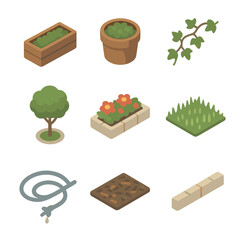 Sidewalk Greenery Icons. Isometric Flat icon set of Sidewalk greenery and planters: rectangular planter, round planter, ivy vine,