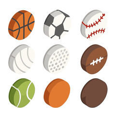Fototapeta premium Sports Ball Icon Set. Isometric Flat icon set of sports ball surfaces: basketball panel, soccer hexagon, baseball seam, volleyball