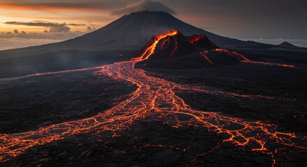 Volcanic Lava Flow at Sunset - A stunning aerial view of a volcanic eruption at sunset, showcasing a river of glowing lava flowing down the mountainside