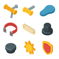 Spring Rider Icon Set. Isometric Flat icon set of Spring Rider Accessories: handlebar grip, foot peg, seat cushion, safety strap,