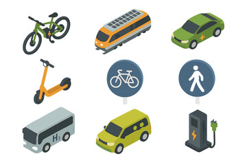 Sustainable Transport Icons. Isometric Flat icon set of sustainable transport modes: electric bike, solar train, electric car,