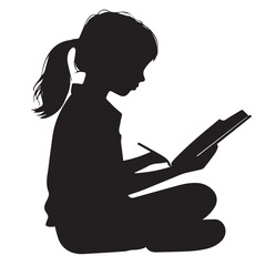 Silhouette of girl child sitting and writing in book