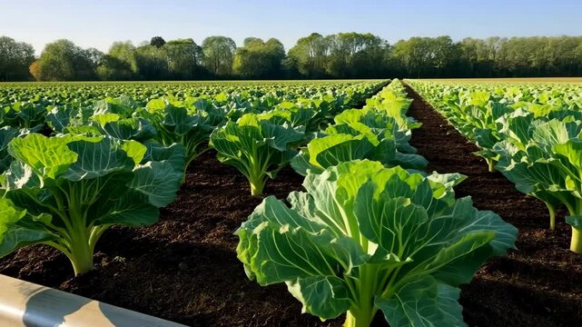 Rows of thriving collard greens flourish under a drip irrigation system, providing efficient watering and promoting healthy growth in the vibrant agricultural field