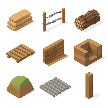 Trench Fortifications Icons. Isometric Flat icon set of Trench fortifications: sandbag barrier, barbed wire entanglement, fascine