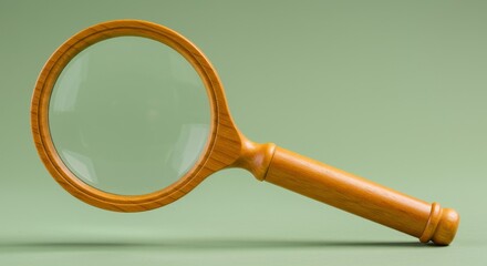 Wooden Magnifying Glass on Green - Close-up of a wooden magnifying glass on a green background. Symbolizes research, investigation, detail, discovery, and clarity
