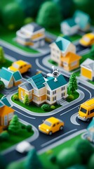 A miniature, isometric rendering of a suburban neighborhood featuring houses, cars, and a central house with a small surveillance device on its roof.  The scene is vibrant and detailed