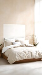 A minimalist bedroom features a king-size bed with a beige duvet cover, several coordinating pillows, and a simple white headboard.  Sunlight streams in from a sheer window curtain, il