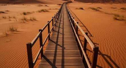 Wooden Path Through Red Desert Dunes - A solitary wooden walkway winds through expansive red sand dunes under a clear sky, symbolizing journey, exploration, solitude, hope, and the path to discovery