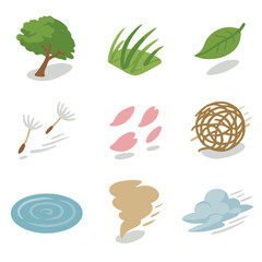 Wind Effects Icons. Isometric Flat icon set of wind effects in nature: swaying tree, bent grass, flying leaf, drifting seed,