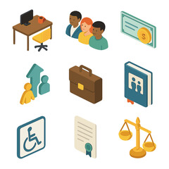 Workplace Equality Icons. Isometric Flat icon set of Workplace equality policies: office desk, diverse employee avatars, equal pay