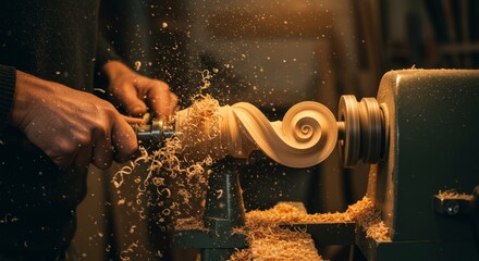 Woodturning Craftsmanship: Shaping Beauty - Close-up shot of a woodturner's hands skillfully shaping a piece of wood on a lathe, wood shavings flying