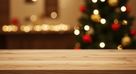 Wooden Table Top Against Blurred Christmas Lights - Festive season, holiday cheer, gift-giving, winter wonderland, cozy atmosphere. Perfect for showcasing products or holiday themes