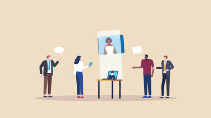 People in a virtual meeting with screens and speech bubbles discussing business strategy in office space