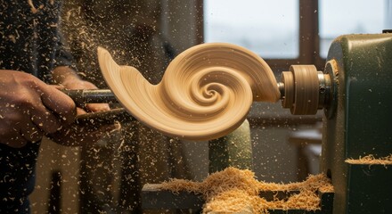 Woodturning Spiral Art Creation - Close-up of a woodturner shaping a spiral design on a lathe, wood shavings flying