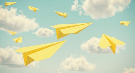 Yellow Paper Airplanes Soaring in a Blue Sky - Hope, freedom, dreams, journey, and aspirations symbolized by yellow paper airplanes flying freely against a simple cloudy sky. A gentle and optimistic