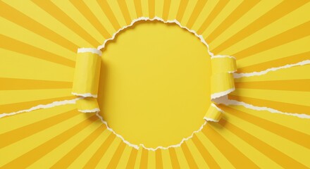 Yellow Sunburst Torn Paper Background - A vibrant yellow sunburst background with a torn circular hole revealing a solid yellow center. Ideal for presentations, announcements, or advertising