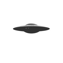 Silhouette of a UFO hovering above the ground, isolated on a white background, symbolizing mystery, extraterrestrial life, and science fiction in a futuristic and minimal conceptual design
