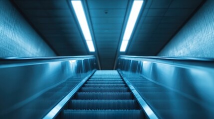 Obraz premium A sleek escalator moving upward in an urban setting, highlighting modern architecture and leading viewers into the unknown, symbolizing progress and change.