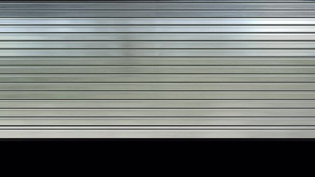 Silver industrial storage door close and open.
Animation of metal roller shutter door in an industrial setting with alpha mask included.
