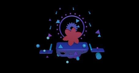 Red narcissus flower on a pedestal of abstract geometric shapes floating in the air. Abstract concept art with flying shapes in the center. 3d illustration on black background