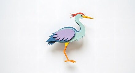Fototapeta premium Vibrant Papercraft Heron: A Delightful Artistic Creation on White Background