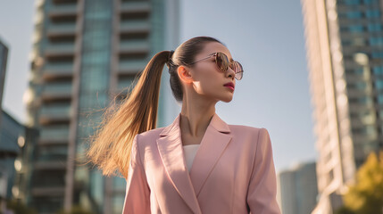 Confident Asian woman wearing sunglasses and pink blazer stands poised in a modern urban environment at sunset. The cityscape features tall buildings in the background. Image made using Generative AI.