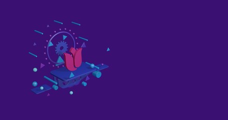Pink tulip on a pedestal of abstract geometric shapes floating in the air. Abstract concept art with flying shapes on the left. 3d illustration on deep purple background