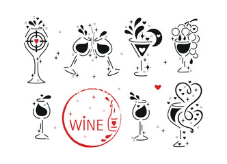 Romantic Vector Set of Wine Glasses with Hearts, Shining Stars, Wine Splashes