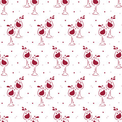 Burgundy White Romantic Vector Seamless Pattern of Wine Glasses with Hearts, Wine Splashes. Wine Lover Holiday Background
