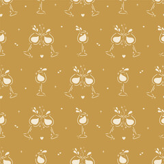 Golden Romantic Vector Seamless Pattern of Wine Glasses with Hearts, Shining Stars, Wine Splashes. Wine Lover Holiday Background