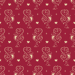 Burgundy Golden Romantic Vector Seamless Pattern of Wine Glasses with Hearts, Wine Splashes. Wine Lover Holiday Background