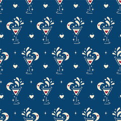 Blue Romantic Vector Seamless Pattern of Wine Glasses or Cocktail with Hearts, Wine Splashes, Moon. Wine Lover Holiday Background