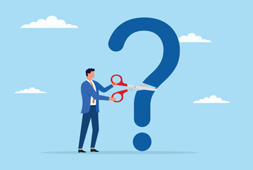 Vector illustration of a businessman cutting a large question mark with scissors, representing problem solving, eliminating doubts, and controlling uncertainty
