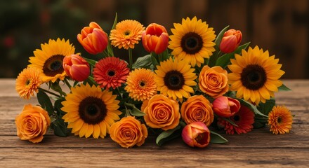 Autumn Sunflowers and Tulips Bouquet - Vibrant autumn arrangement. Sunflowers, tulips, roses, and gerbera daisies create a feeling of warmth, joy, and the beauty of fall. Symbolizing happiness