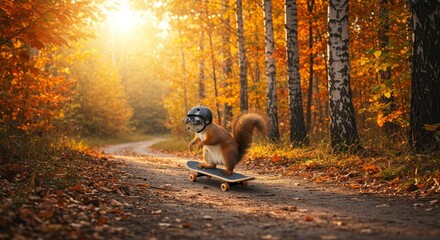 Autumn Squirrel Skateboarding Adventure - A playful squirrel, wearing a helmet, skateboards down a path in a sun-dappled autumn forest. Symbolizing freedom, adventure, nature, fall, and fun