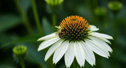 Bee on White Coneflower - A honeybee gathers pollen from a pristine white coneflower, its orange center vibrant against the delicate petals